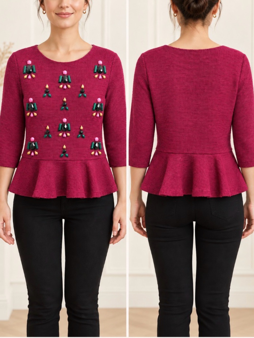 Dolce Vita Jeweled Peplum Sweater Magenta Pink Size M